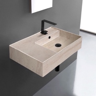 Bathroom Sink Beige Travertine Design Ceramic Wall Mounted or Vessel Sink With Counter Space Scarabeo 5117-E